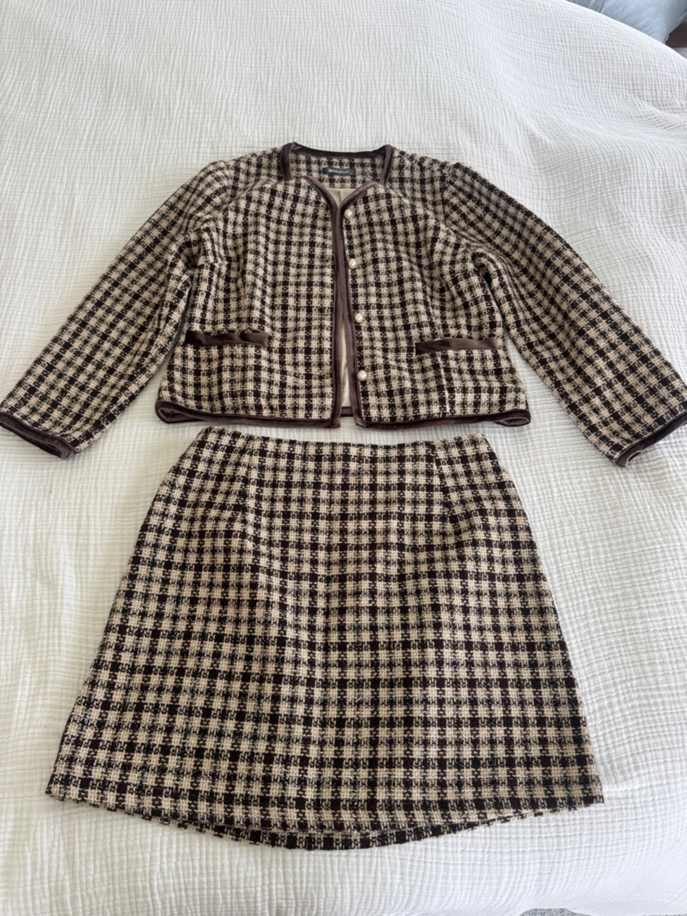 Amazon Cream and Brown Checked Two-Piece Jacket & Skirt Set